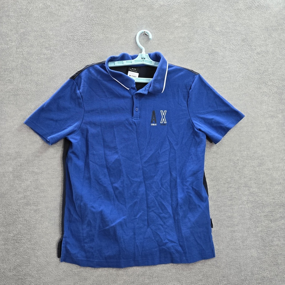 Armani Exchange Men Polo L Blue Colorblock‎ Logo Graphic Print Short Sleeve